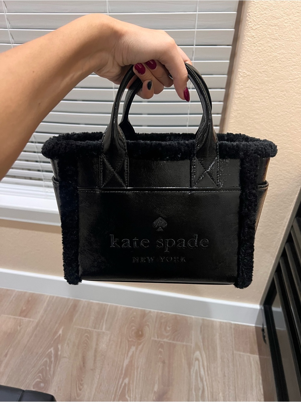 kate spade Black Shearling-Trim Mini Tote
